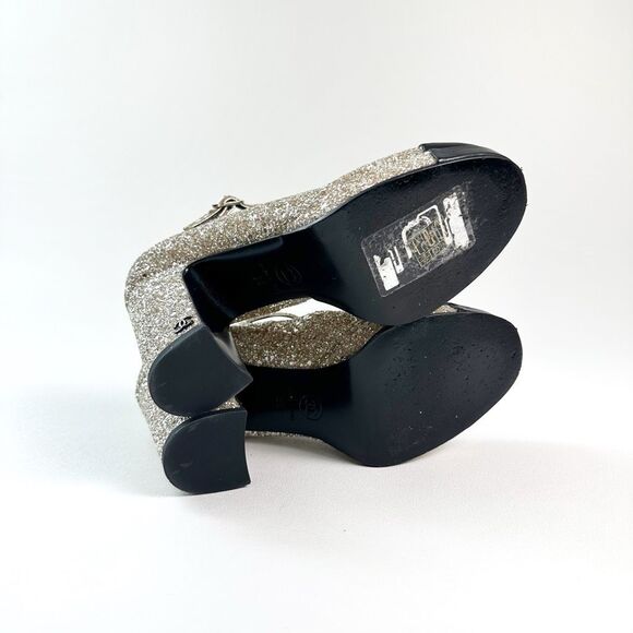 CHANEL 2023 Light Gold Glitter Black Mary Jane Heels 36 Cap Toe CC Logo Platform - Picture 14 of 16